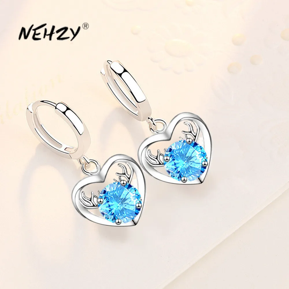 

NEHZY S925 штамп серебро 2021 новые женские модные ювелирные изделия Высокое качество Синий Розовый Кристалл Циркон в форме сердца олень серьги