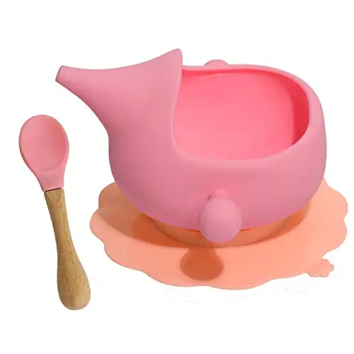 

Silicone bowl Baby feeding Suction Bowl with Spoon3pcs/set First Feeding Set for kids Toddler Led Weaning (Grey pink green)