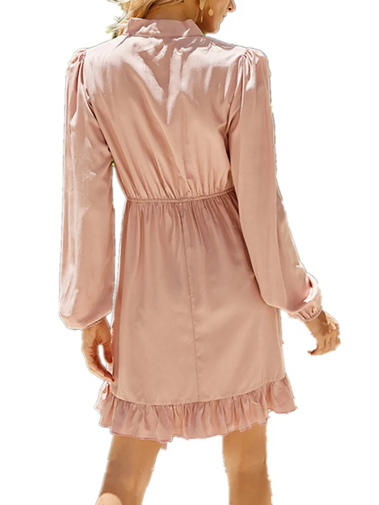 

Pdfmily Pink Elegant Fashion Bow Tie Dresses Women Autumn Sweet Long Puff Sleeve Elastic Waist Ruffles A Line Casual Mini Dress