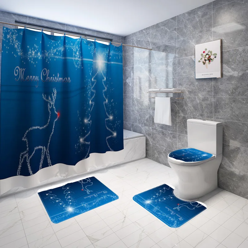 Рождественская занавеска для душа набор ковриков ванной коврики снеговик лось