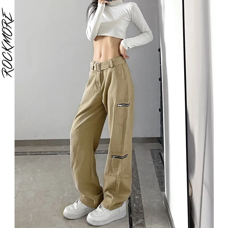 

Женские джинсы-карго Rockmore, с низкой талией и ремнем, мешковатые, на молнии, с карманами, уличные прямые джинсовые брюки, повседневные джоггер...