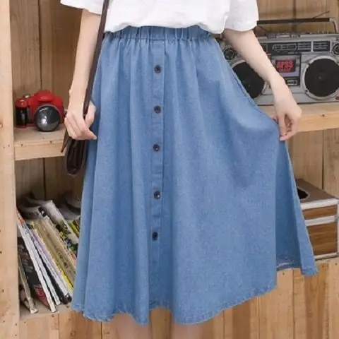 

Women 2021 Summer New Fashion Solid Color Skirts Female High Waist Denim Skirts Ladies A-line Loose Long Skirts J17
