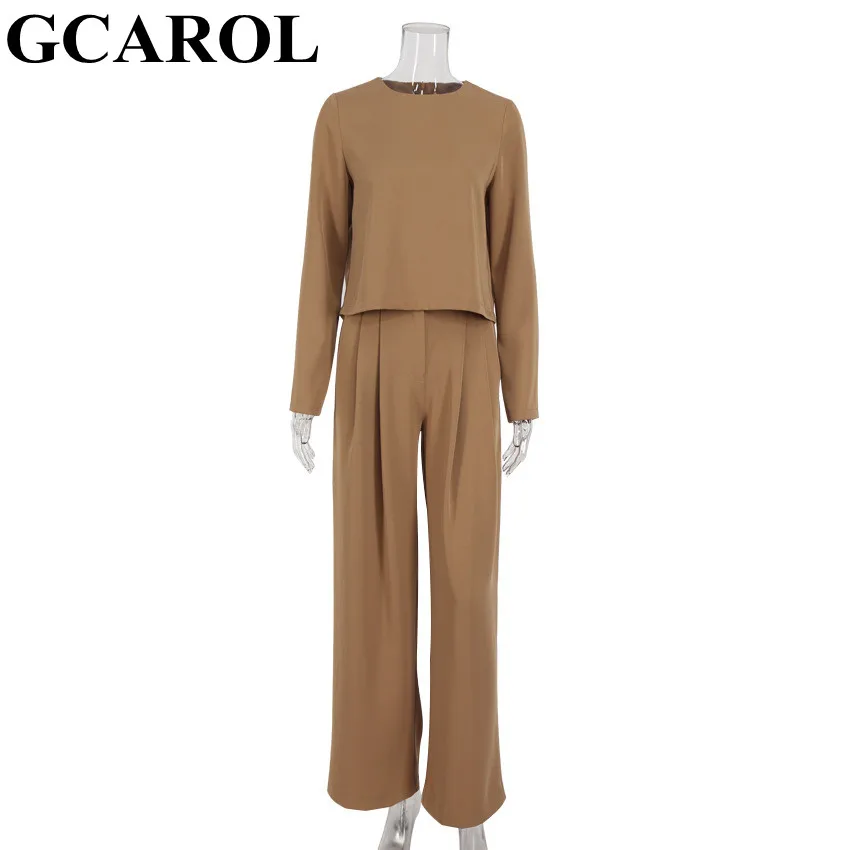 

GCAROL женский элегантный укороченный топ и широкие брюки комплект из 2 предметов свободная уличная однотонная блузка длинные брюки наряд на в...