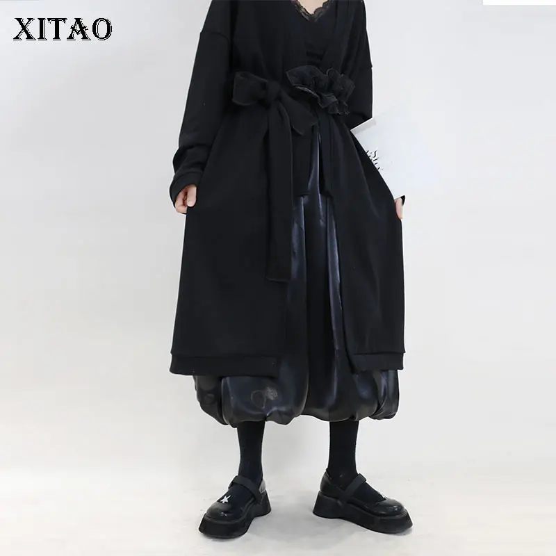 

XITAO, черный Тренч, женский модный плиссированный длинный рукав, богиня, веер, повседневный стиль, 2022, бандаж, элегантный Тренч, GWJ2403