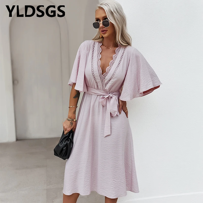

YLDSGS Floral Print Women'S Dresses Short-Sleeved Thin High-Waisted Summer Ladies V-Neck Bohemian Beachwear Dresses 2021