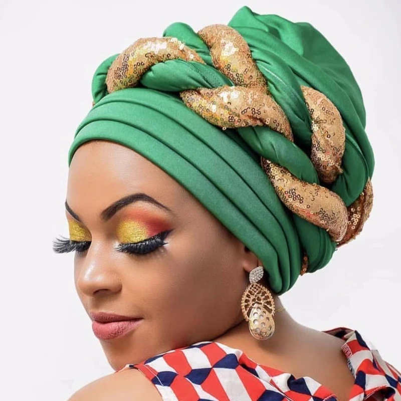 

New Shinning Sequins Turban Cap For Women Ready Female Head Wraps African Auto Geles Aso Oke Headtie Already Made Headties