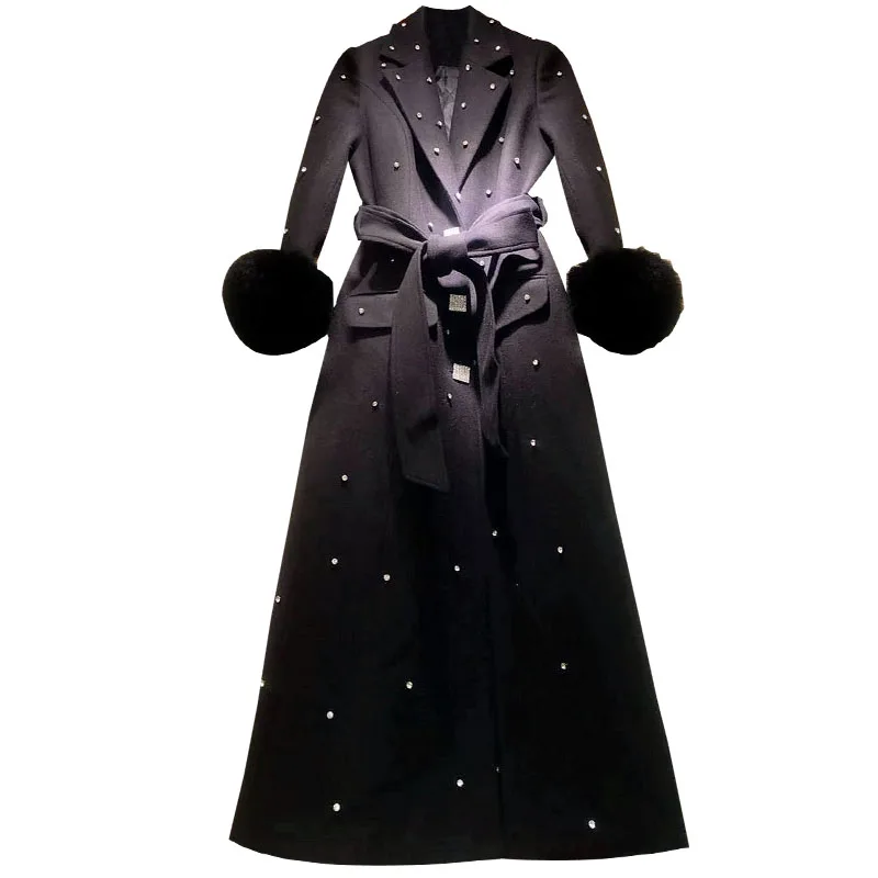 Женское шерстяное пальто длинное однобортное с воротником из лисьего меха и