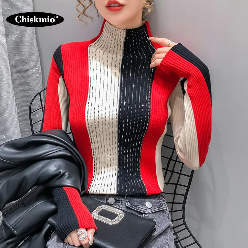 

Striped Knitted Pullover Women Sequined Knitting Sweater Turtleneck Patchwork Knit Tops Ladies Bottoming Harajuku sueter mujer
