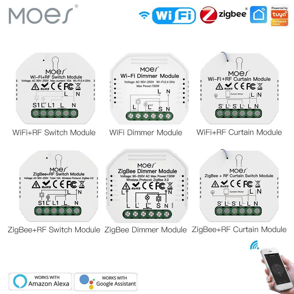 Умный переключатель Moes ZigBee, Wi-Fi модуль затемнения, переключатель с дистанционным управлением через приложение Smart Life, Голосовое управление Alexa Google Home