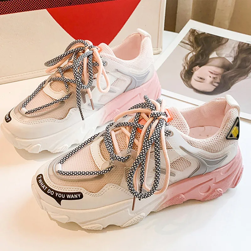 

Кроссовки женские из микрофибры, Вулканизированная подошва, сетчатые, на шнуровке, увеличенная толстая подошва, спортивная обувь в стиле "Л...