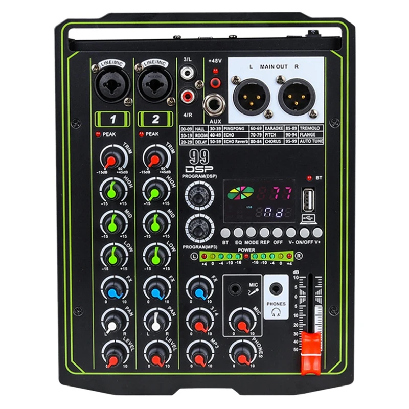 

Sound Card Audio Mixer Sound Board Console Desk System Interface 4 Channel USB Bluetooth +48V Power Stereo (Us Plug)