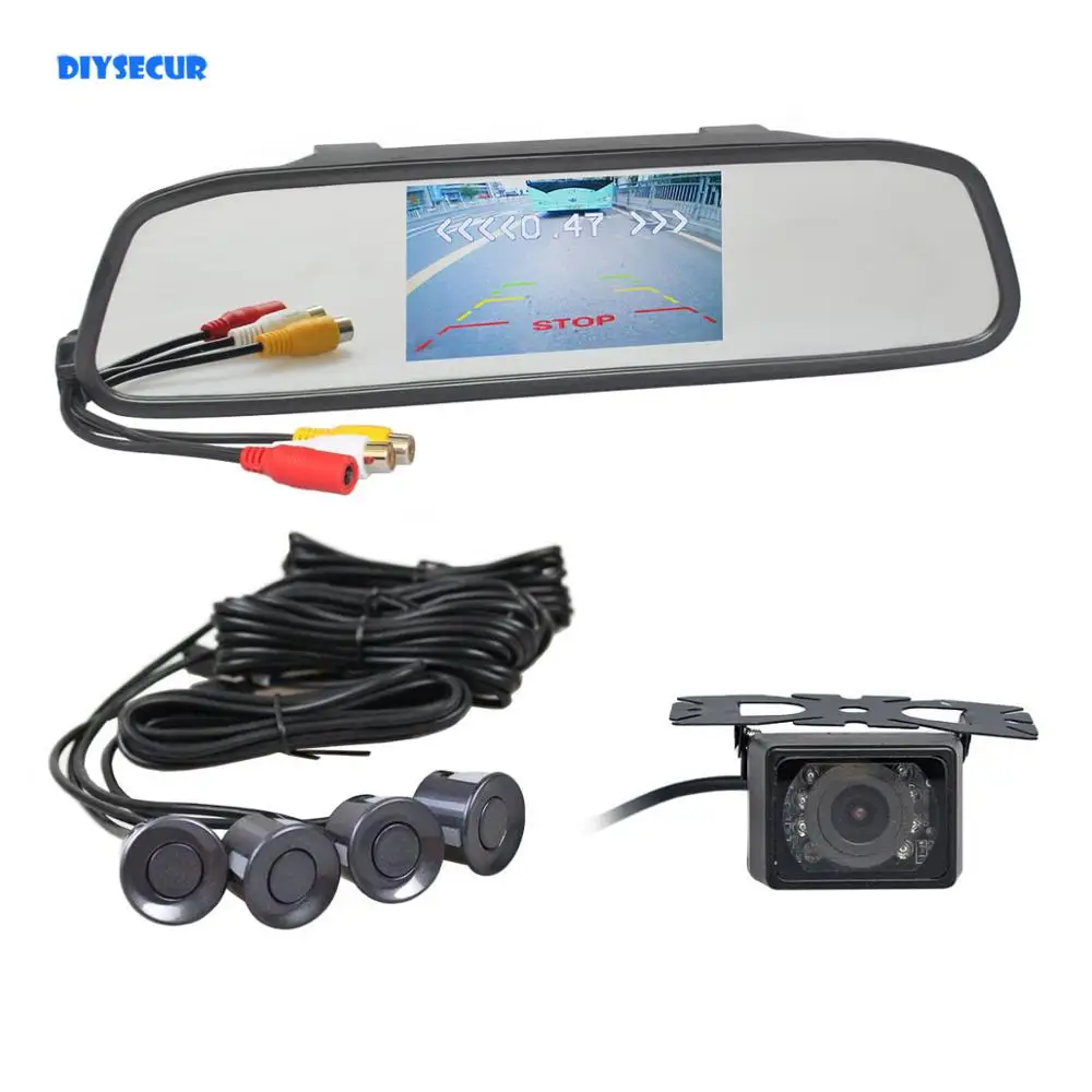 

DIYSECUR 3 in 1 Video Parking Radar 4 Sensors 4.3" Car Mirror Monitor + HD IR Night Vision Rear View Car Camera