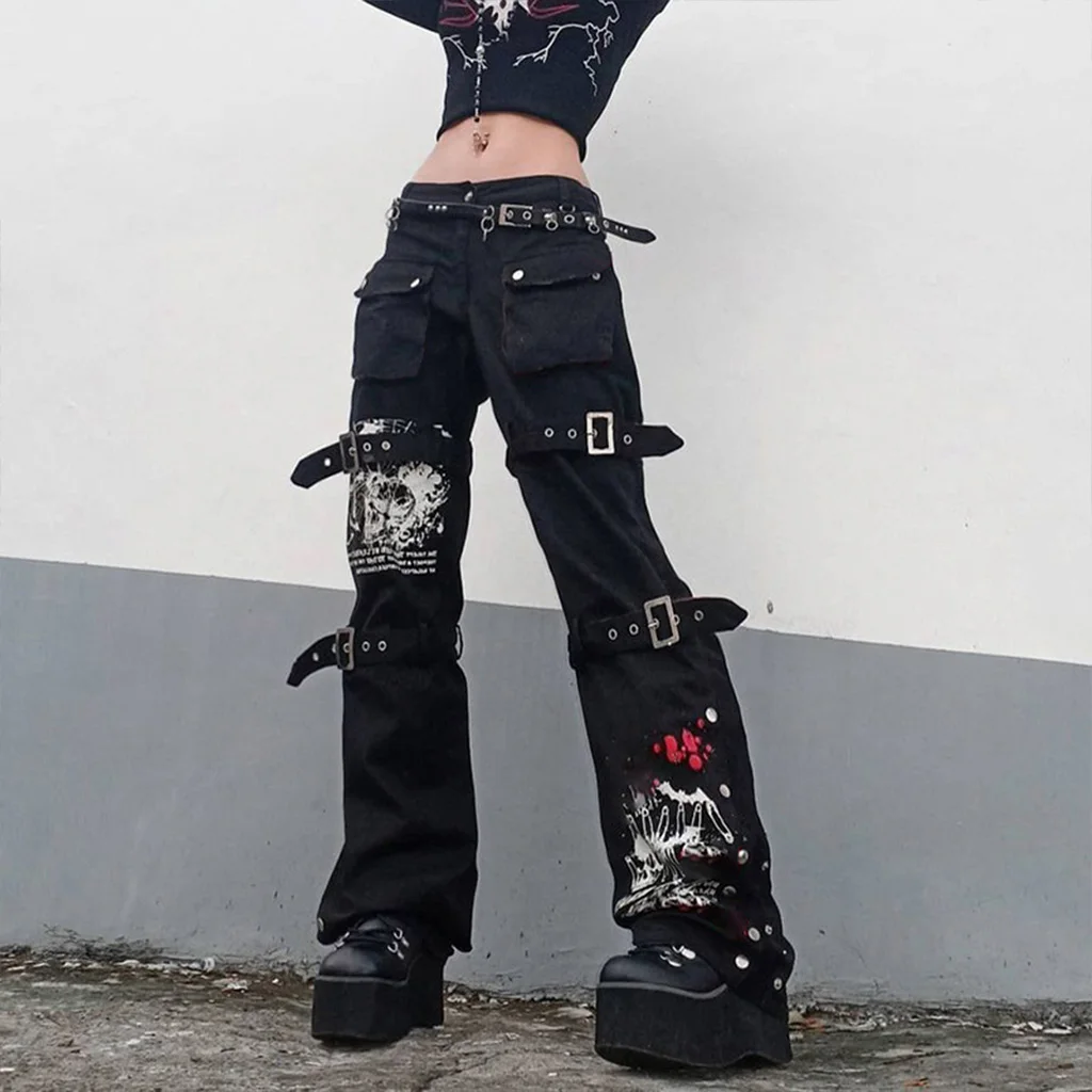 

Женские джинсы Goth в стиле панк с высокой талией, Свободные мешковатые брюки-карго в стиле Харадзюку, с металлической пряжкой и принтом в сти...