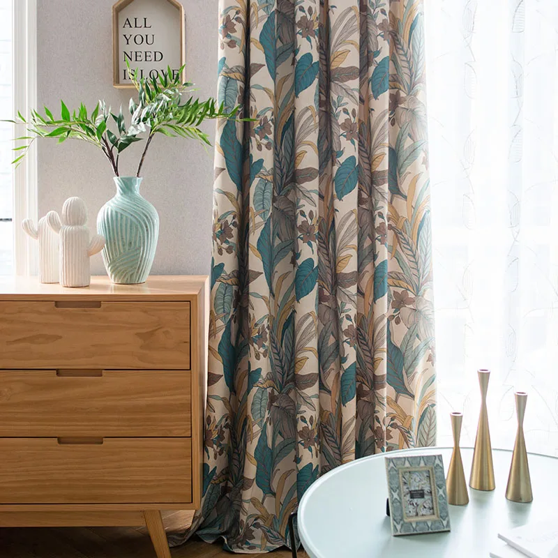 

Printed Cotton Curtains for Living Room Shading Floral Leaves Green Embroidered Tulle Veil Liner for Bedroom Screen Single Panel