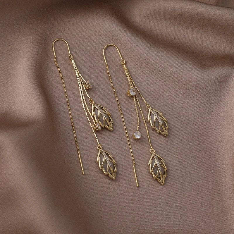 

South Korea Fashion Elegant High Quality Long Tassels Leaf GIRL'S Earrings Gift Party Banquet WOMEN'S Jewelry Earrings