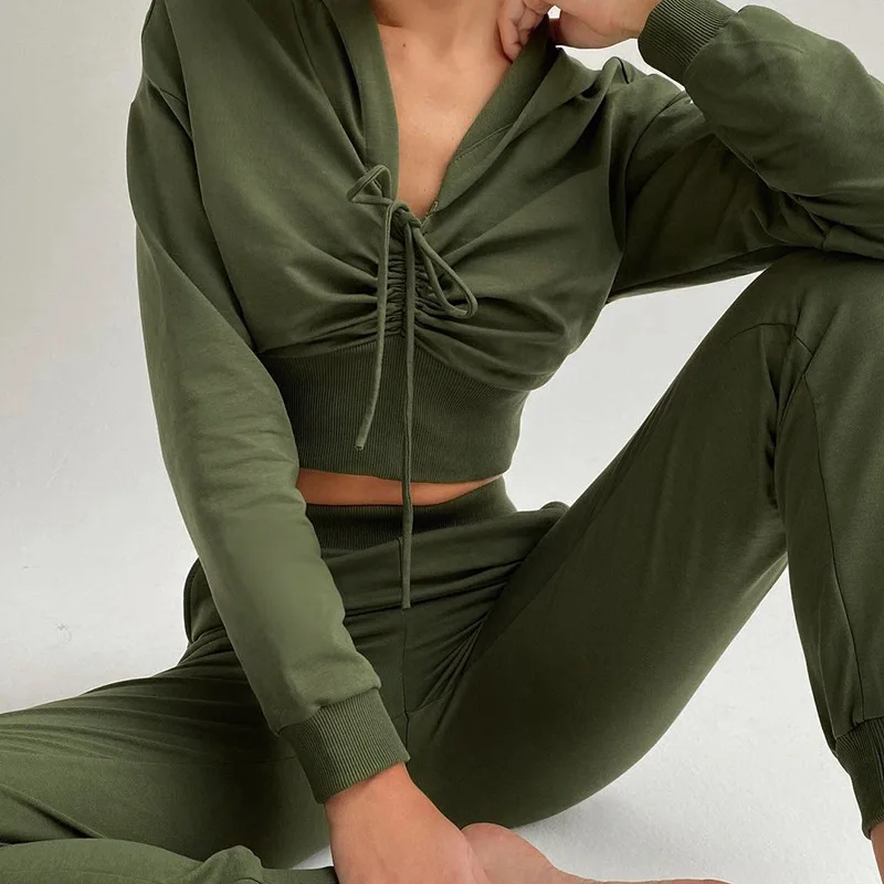 

Echoine Drawsting Pleated Stacked Short Hooded Crop Tops and Pants Two Piece Set Jogger Suit Sweatshirt Tracksuit Women Outfits