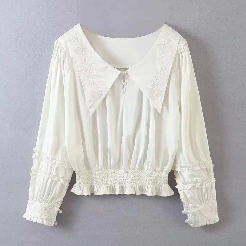 Блузка Женская атласная с цветочной вышивкой длинным рукавом-фонариком и