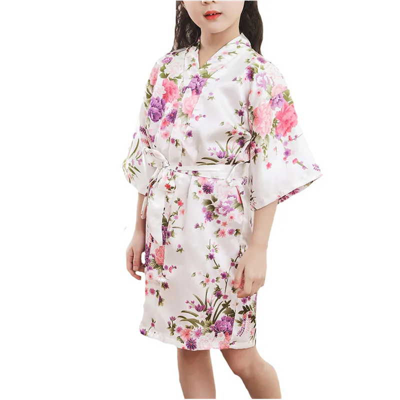 Ночная рубашка для девочек шелковое атласное кимоно с цветами одежда