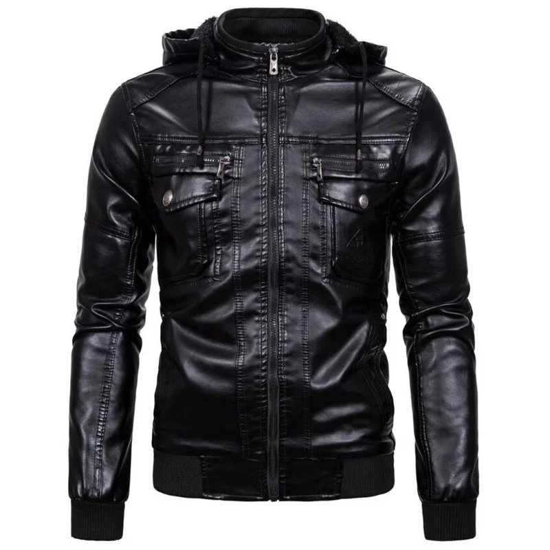 Мужская кожаная куртка 2021 зимняя модная Толстая кашемировая со съемной шапкой