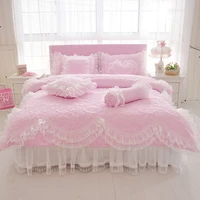 100cotton thick quilted lace bedding set king queen twin size bed set princess korean girls white set pillowcase bed skirt pink