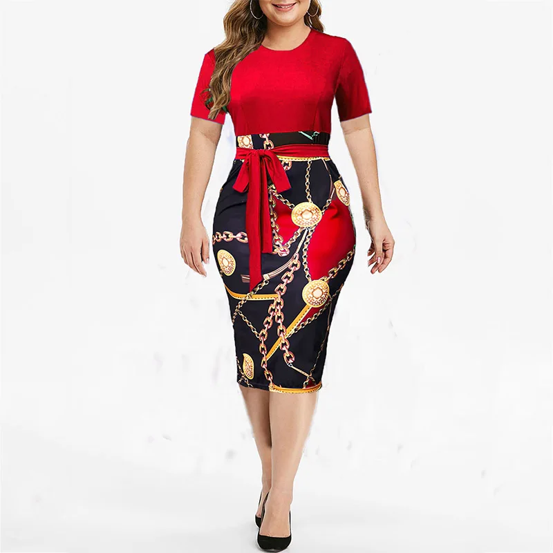 

Vintage Print Plus Size Knee-length Dress Womens Summer Short Sleeve Midi Elegant Dresses Summer Sexy High Waist Robe 2021 Dress