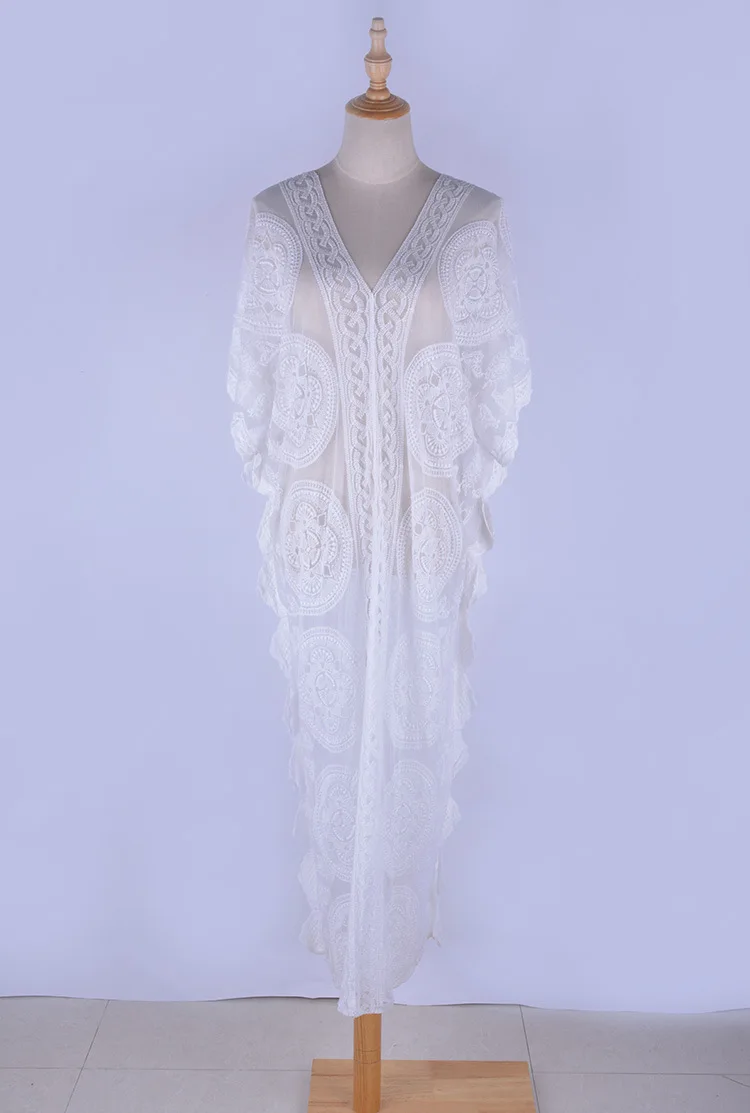 

TEELYNN white lace kaftan beach long dresses women vintage sexy see through summer vestidos boho tunic robe bikini cover up