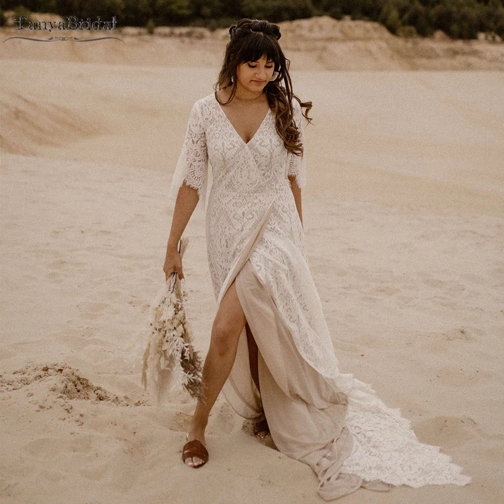 

Lace Wedding Dresses Bohemian V-Neck Split A Line Bridal Gowns Flare Sleeve Dreamy Noivas DW374