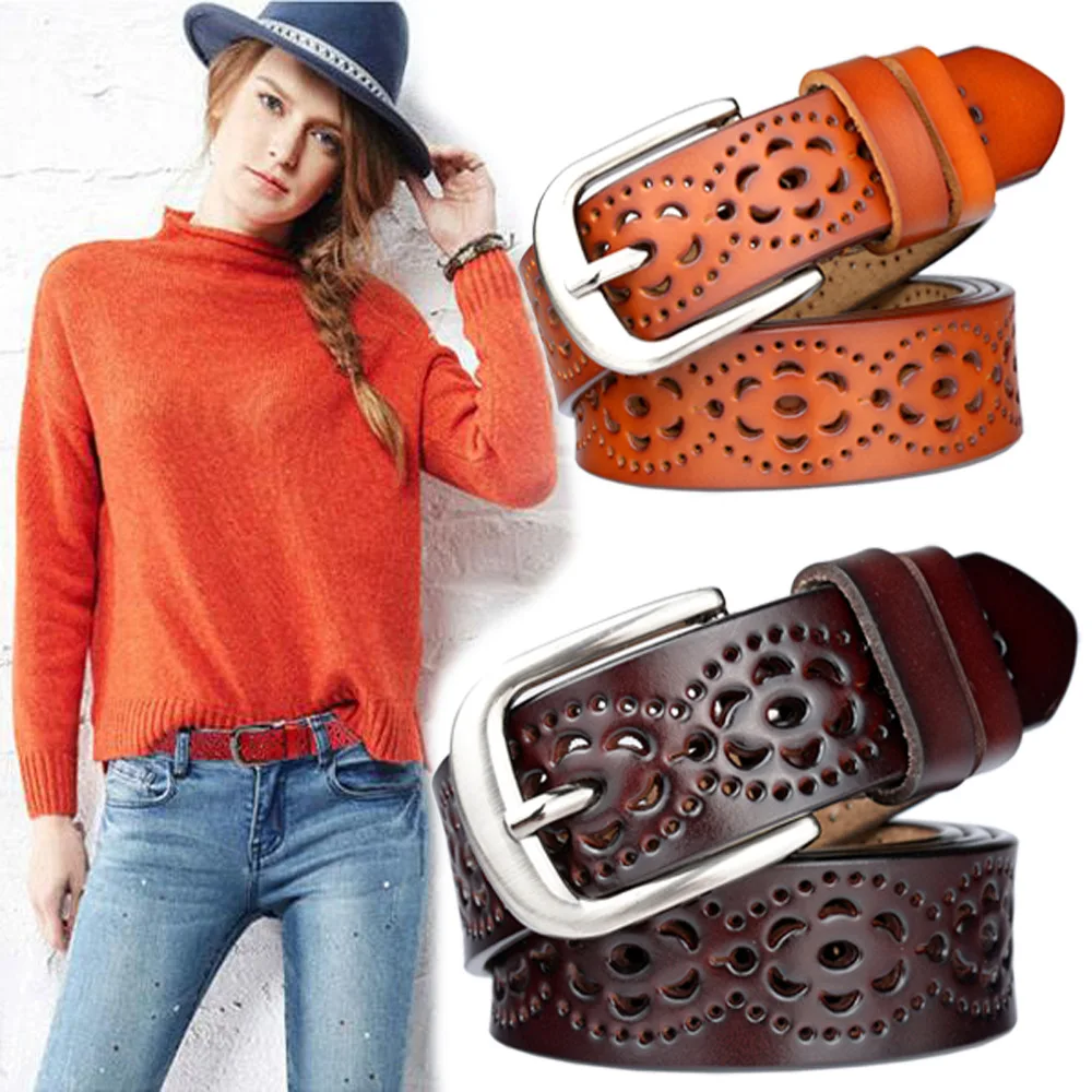 

Women's belt genuine cowhide casual all-match hollow belt women's fine decoration simple fashion pin buckle belt cowhide