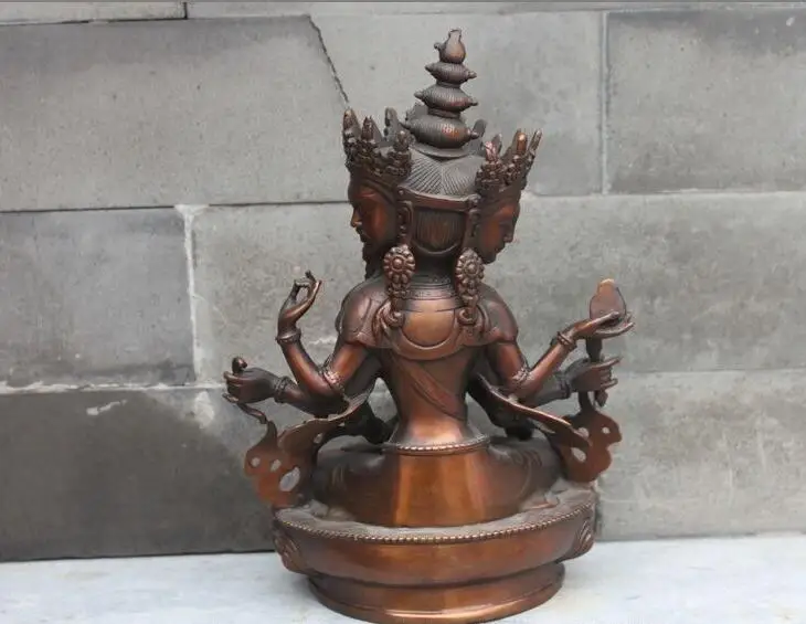 Тибетская красная Бронзовая статуя Будды с 3 головами и 8 руками Ushnishavijaya Namgyalma
