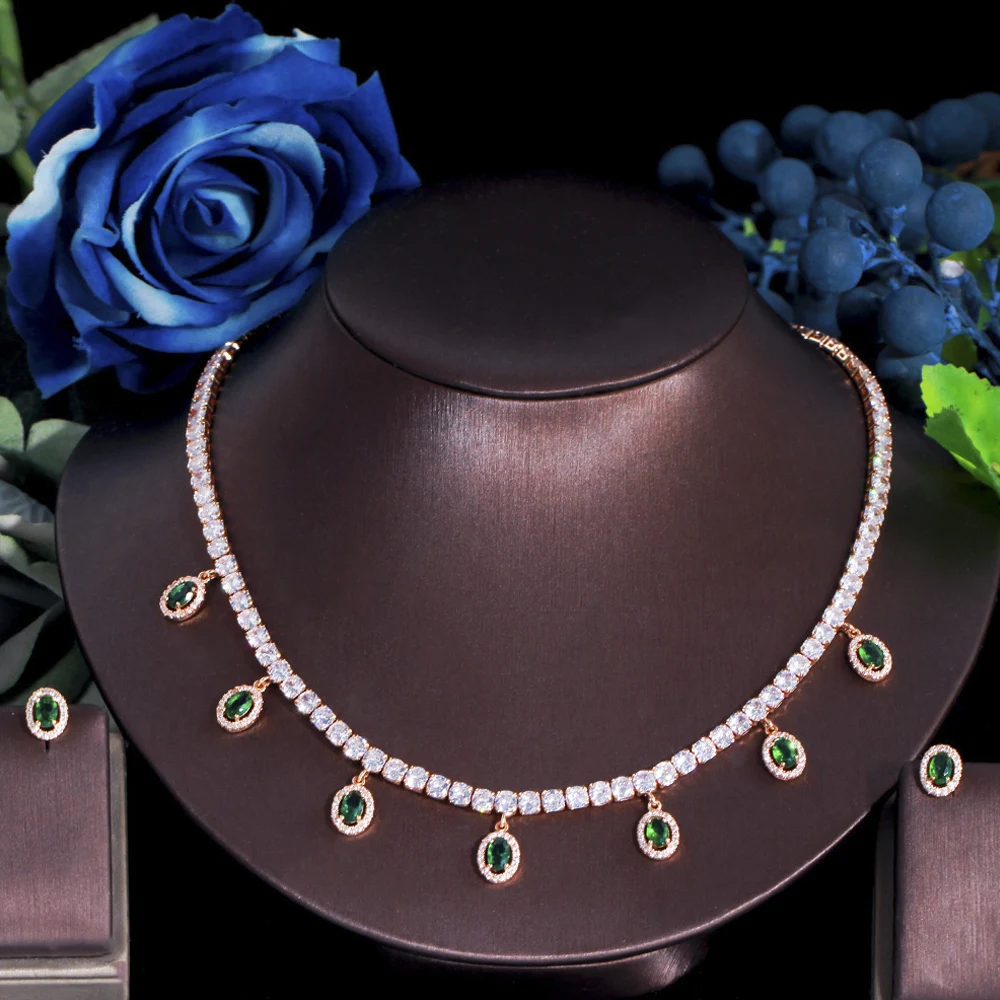 

ThreeGraces Elegant Green CZ Crystal Small Round Drop Necklace Earrings Set for Women 2022 New Trendy Korean Party Jewelry TZ674