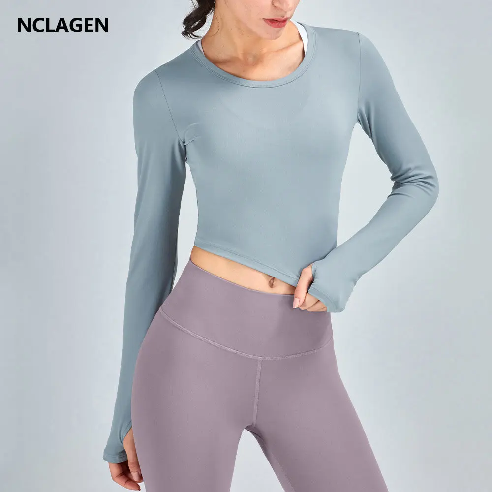 

NCLAGEN Sports Top Women Naked-feel Fabric Long Sleeve Round Neck Fitness T-shirt Push-up Workout Elastic Dry Fit Yoga Blouse