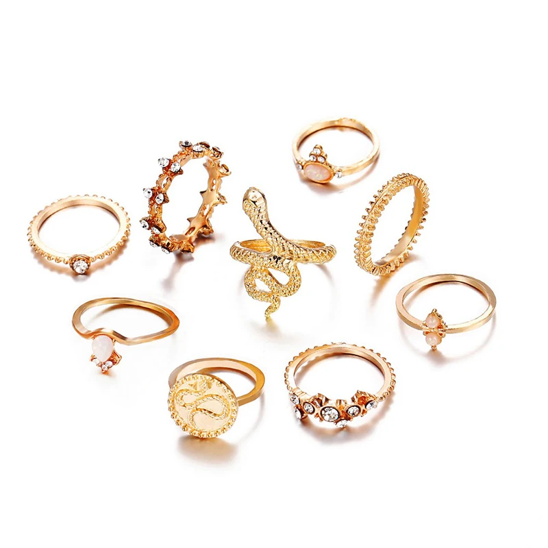 Винтажный набор колец с опалом и золотым кристаллом 1 комплект богемный