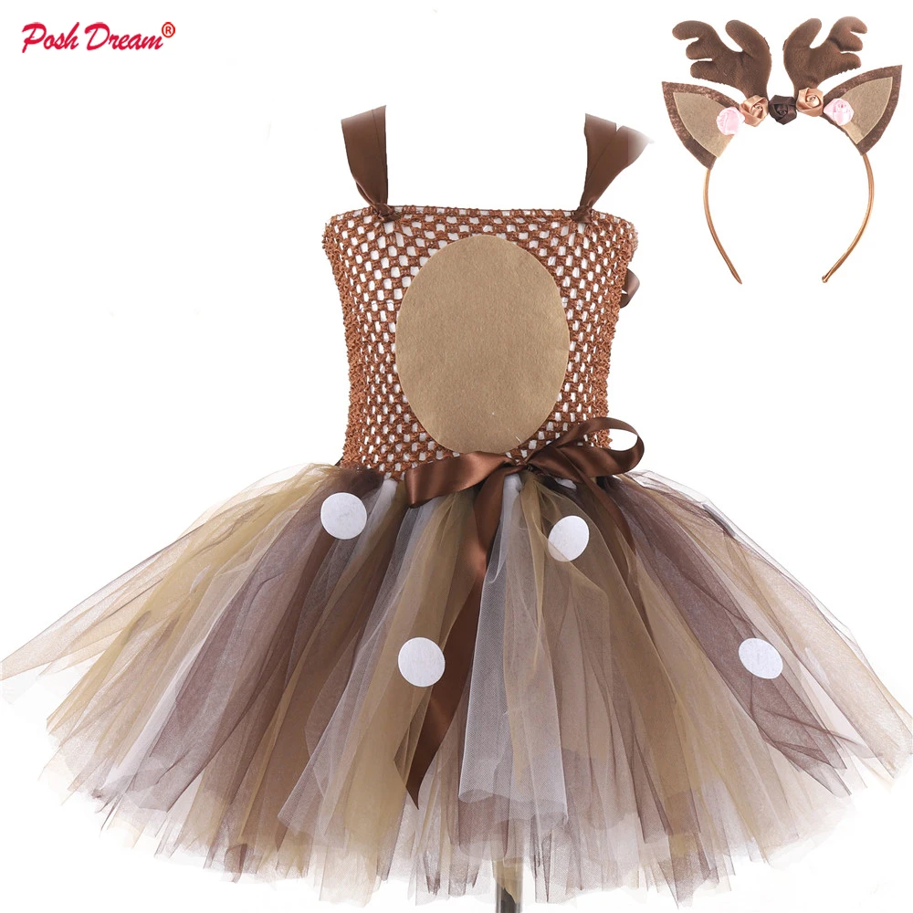 

POSH DREAM Christmas Deer Kids Girls Costume Girls Princess Dress Children Birthday Party Tutu Dress Toddler Baby Clothes