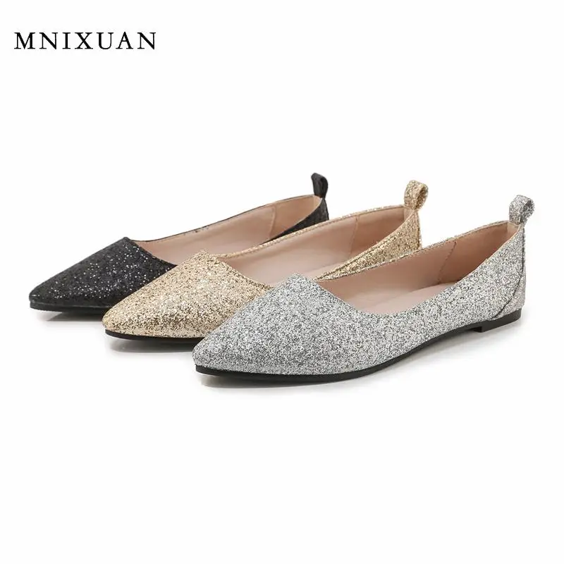 

MNIXUAN Classics women flats shallow shoes 2019new spring round toe slip on ladies loafers Korean Women Glitter Shoes big size42
