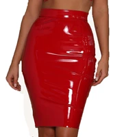 sexy black red mini elegant bodycon high waist pu patent leather skirt women above knee short casual office lady pencil empire