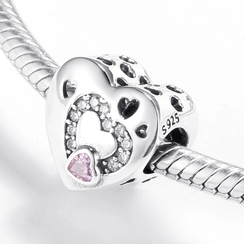 Hot 925 Sterling Silver Hollow heart clear and pink zircon bead Fit Original European Charms Bracelet Jewelry making | Украшения и