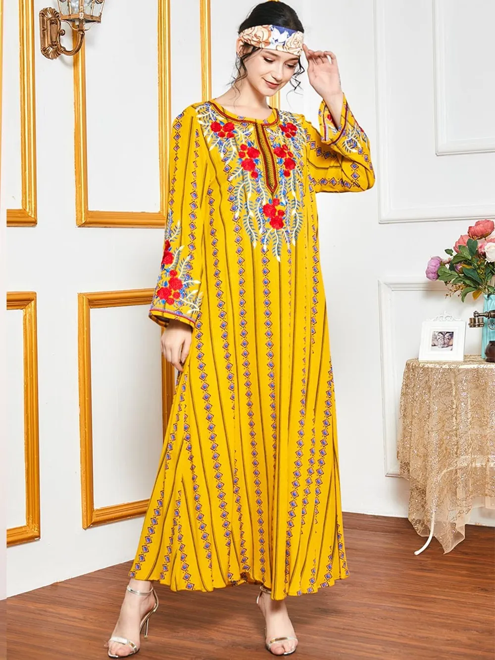 Women Abaya Dubai Turkish Pakistan Turkey Flowers Embroidery Muslim Dress Bangladesh Kaftan Yellow Plus Size Islamic Clothing |