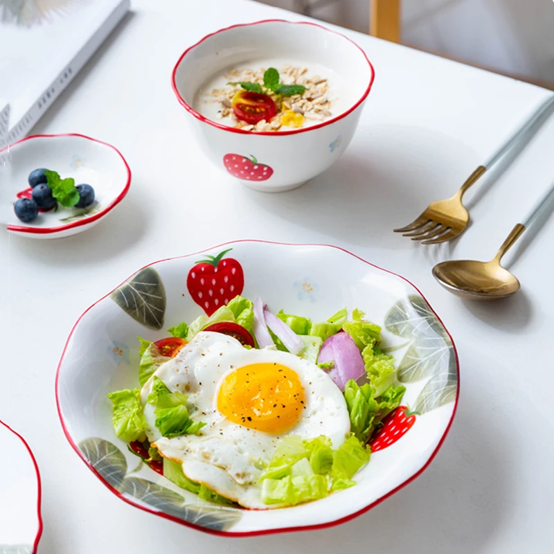 

Lovely Ceramic Dishes Small Strawberry Underglaze Color Process Kitchen Bar Supplies Salad Bowl Plate Dish Dinner Plates Set