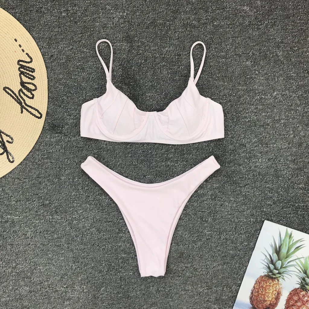 Женский раздельный купальник однотонная пляжная одежда пуш ап бюстгальтер с