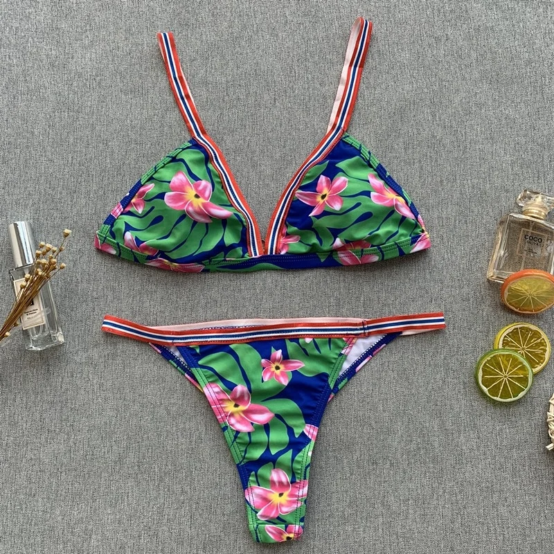 

New Floral Print Bikini Ladies Split Swimsuit Sexy Swimwear Thong Sunbath Bathing Bather Beach Wear Two-Piece Suits