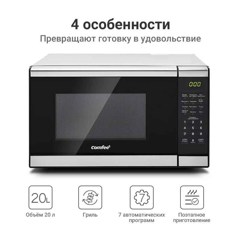 Микроволновая печь Comfee CMG207E03S 1270 Вт 20 л сенсорное управление LED дисплей с функцией