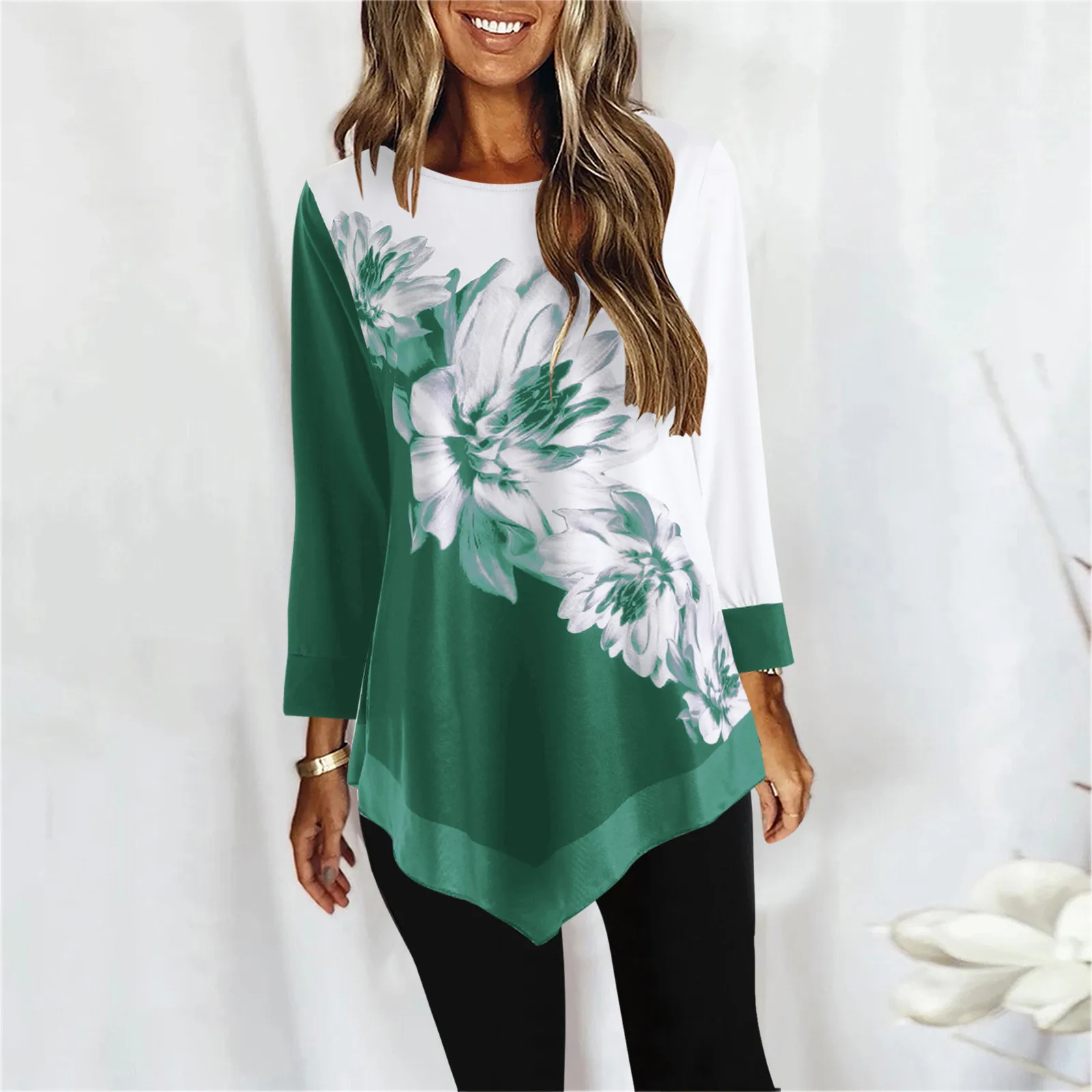 

Long Sleeve Casual Blouse Irregular Hem Block Tops Blouse Floral Print Lady Shirt Elegant Fashion Korean Lady Clothing 2021 R5