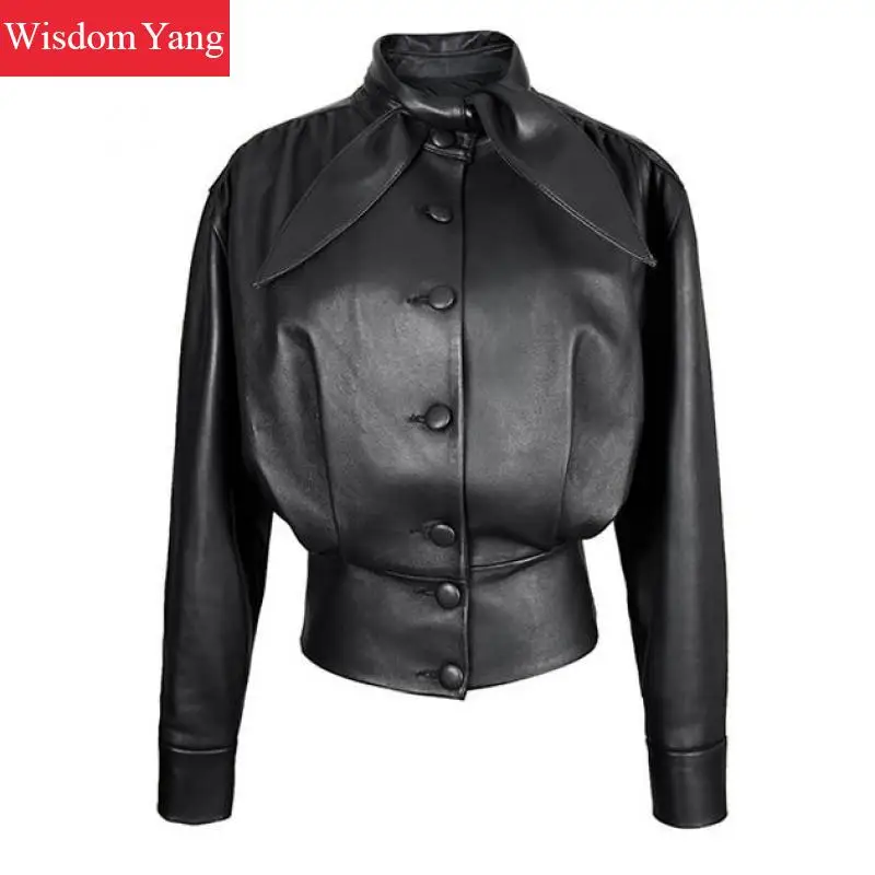 Winter Sheepskin Genuine Leather Tops Women Coat Motorcycle Vintage Jackets Ladies Black Coats Female Korean Overcoat Outerwear
