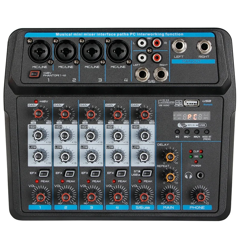 

M-6 портативный мини-миксер аудио DJ консоль со звуковой картой, USB, 48 В фантомное питание для ПК записи пения веб-трансляции вечеринки (США