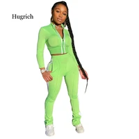 Womens Solid Color Splicing Jacket Sports Leisure Two Piece Set