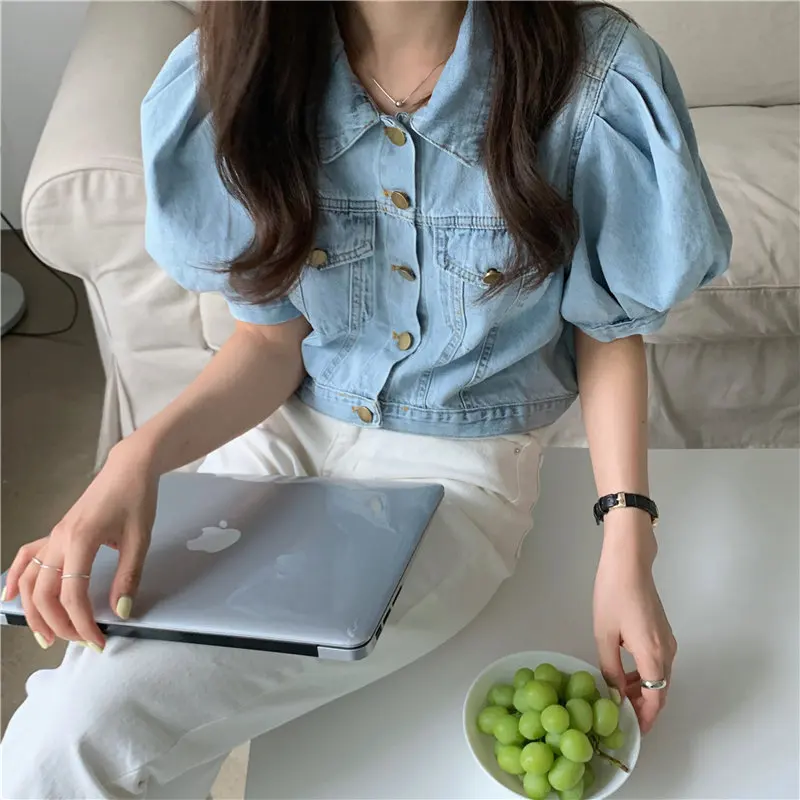 Alien Kitty Korean Vintage Puff Sleeves Loose Jeans Cowboy 2020 Gentle Tops Coat Cardigans Light Washed Blue Denim Jackets | Женская
