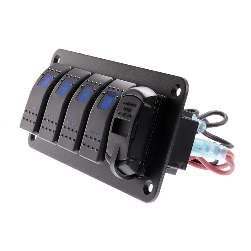 Панель переключателей на 4 группы с двойным USB 12 ~ 24 В синяя светодиодная панель