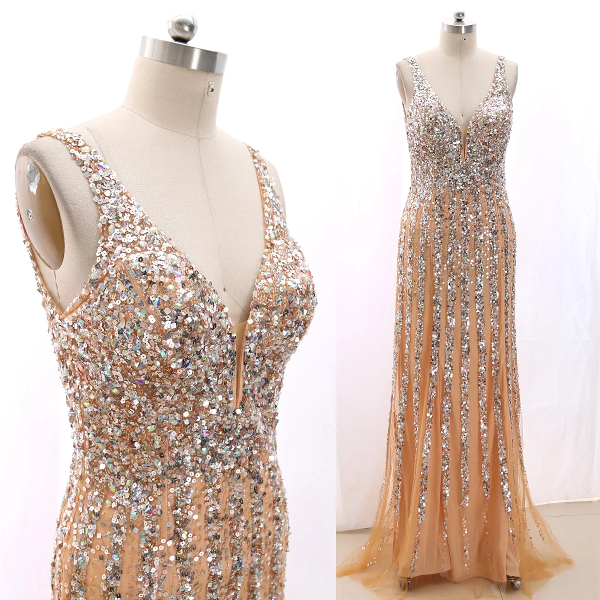 Женское длинное Тюлевое платье с V-образным вырезом и золотыми блестками |
