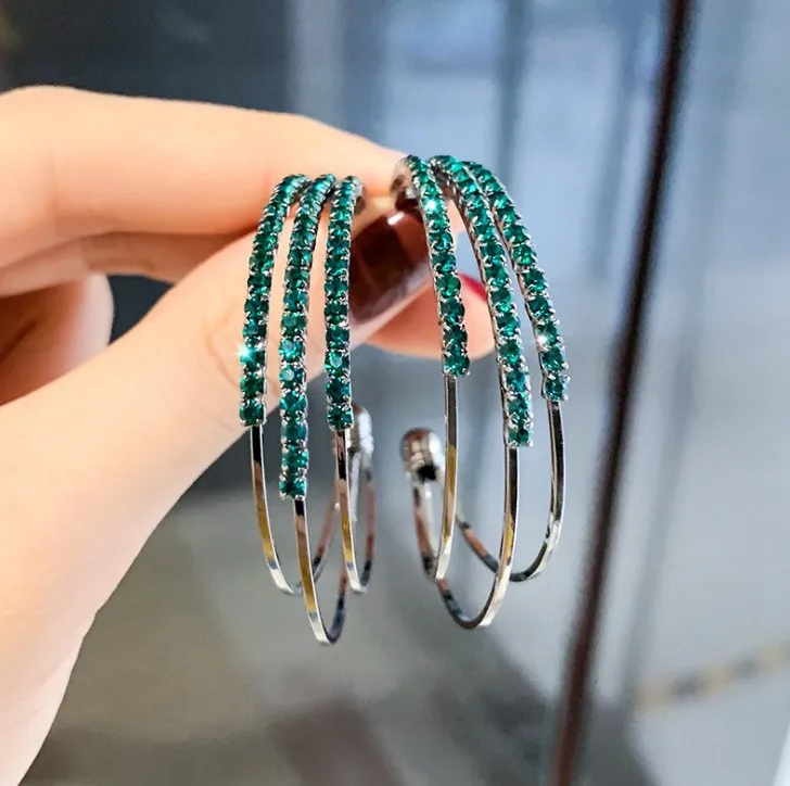 Модные Потрясающие стеклянные зеленые Синие стразы серьги-кольца с драгоценными