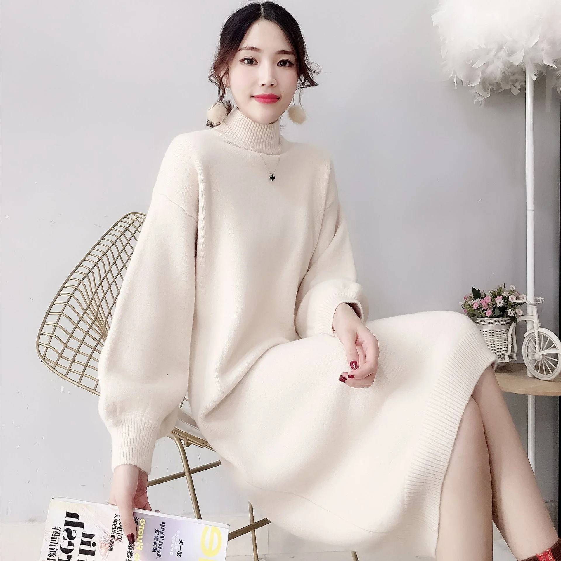 

Candy Color Lantern Sleeve Long Sweater Dress Women's Autumn and Winter 2021 New Korean Pure Color Fashion and Foreign Style Bas
